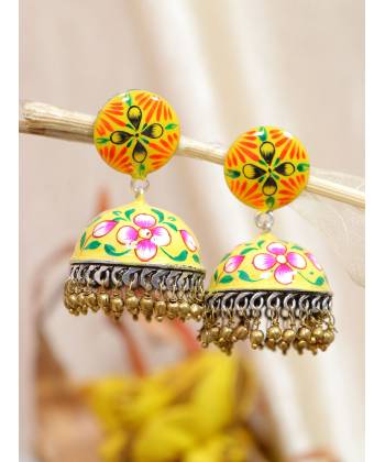 SwaDev Indian Designer Yellow Handpainted Meenakari Jhumka Earring SDJJE0004